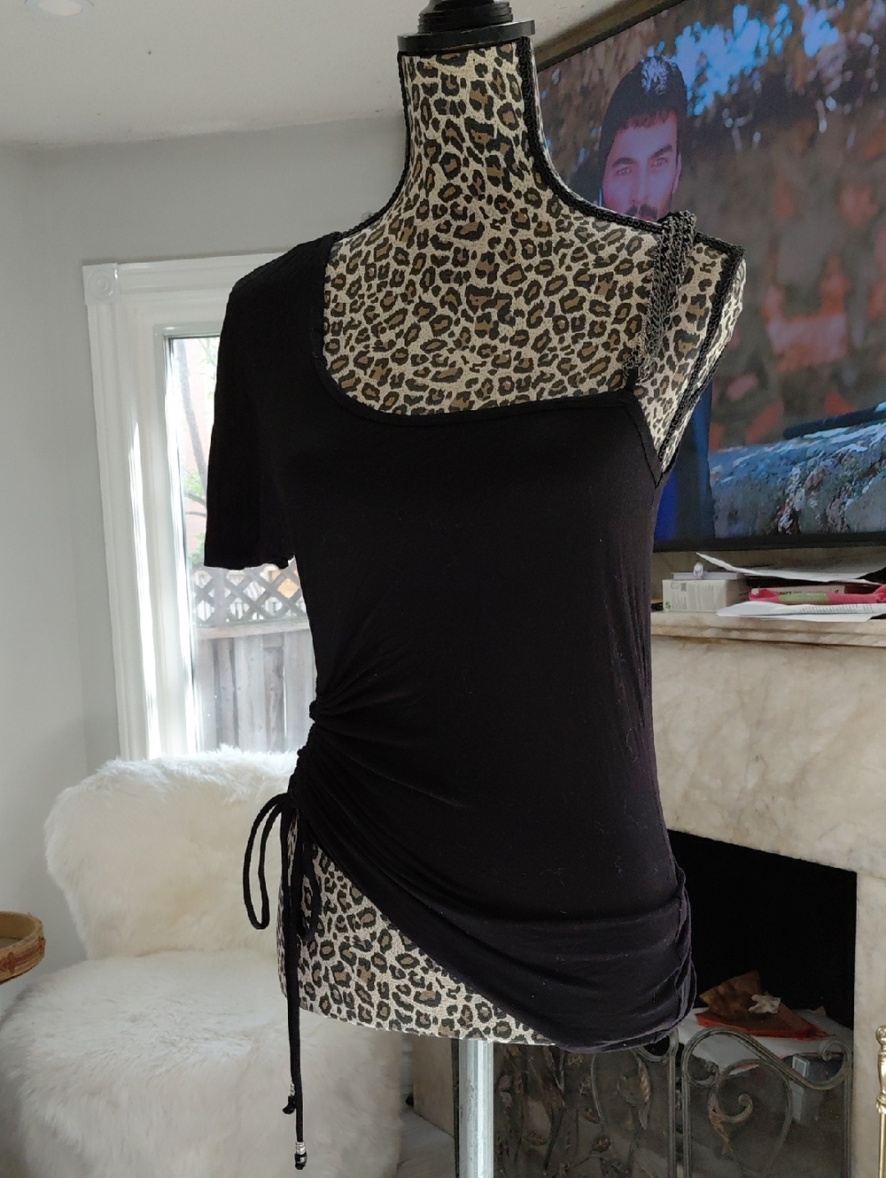Guess Black Asymmetric Side-Tie Short Sleeve Top